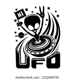 Icon with funny extraterrestrial alien flying in space on white background.