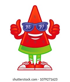Icon funny tasty and fresh piece watermelon in sunglasses and sneakers show thumbs up. Tasty street summer food. Modern vector illustration cartoon character mascot flat design sticker for cafe bar.