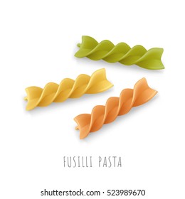 Icon of fusilli pasta. Food is symbol of italian cuisine menu. Tricolor cartoon macaroni: red, green and yellow. Vector illustration isolated on white background.