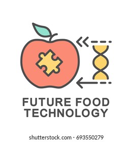 Icon future food technology. Genetically modified food. Change DNA to improve the properties of food. The thin contour lines with color fills.