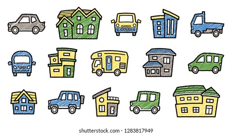 icon gallery of house and car - hand writing style line drawing and scribble color - arc upper version