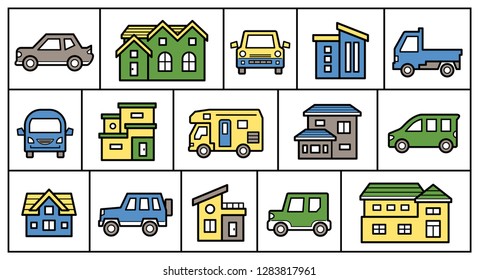 icon gallery of house and car - line drawing plus color -