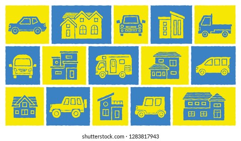 icon gallery of house and car - print style processing -