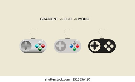 Icon of game controller in 3 styles, gradient, flat and mono.