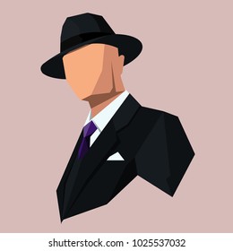 icon of the gangster in a hat and coat. Without a face. Drawn from simple geometric shapes and this is even more interesting.