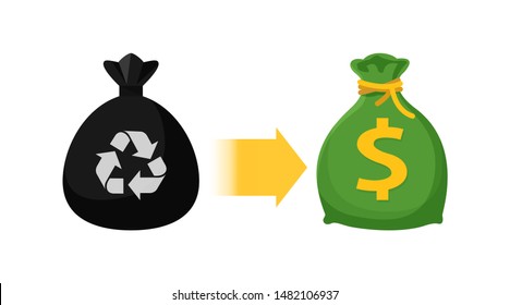 icon garbage bags and money bag, symbol of sack garbage waste and money trade, waste exchange business to money, buy and sell garbage, junk trading in money concept, waste sell and exchange