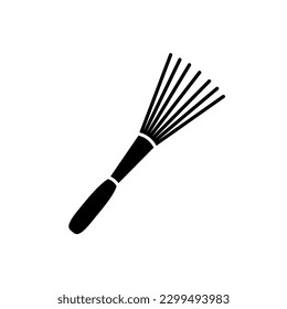 Icon of garden tool with teeth. Black and white silhouette of small rake. Vector illustration of cultivator pictogram. Work tool for tillage, soil cultivation and ripping.