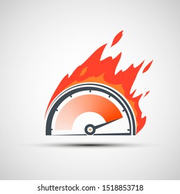 Icon gauge or speedometer on fire. Score rating scale with arrow. Vector logo.