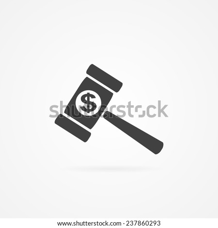 Icon of gavel with dollar sign inside. Shadow and white background.
