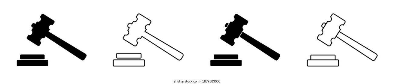 Icon of gavel. Hammer for judge. Logo of law or auction. Mallet of judgement on court. Black symbol of legal decision. Act of justice. Graphic in line style for concept of verdict and bid. Vector.