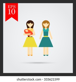 Icon of gay family consisting of two women and one baby