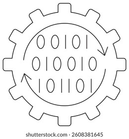 Icon of a gear with binary code inside, symbolizing digital automation, data processing, and AI-driven technology. Vector pictogram with thin black lines on a transparent. Line thickness is editable