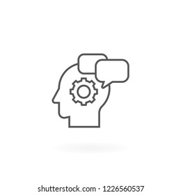 Icon of gear and bubble chat in head. Human head icon or symbol design, Vector line art of human head with gear and chatting symbol. Thin line icon of brain process