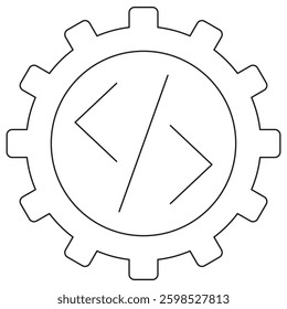 Icon of a gear with a code symbol inside, representing software development, programming, and automation. Vector pictogram with thin black lines on a transparent background. Line thickness is editable