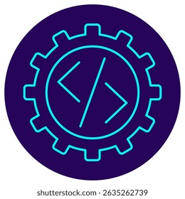 Ícone de uma engrenagem com um símbolo de código dentro. Pictograma vetorial com linhas finas sobre um fundo circular azul escuro. Simboliza programação, desenvolvimento de software e configuração do sistema