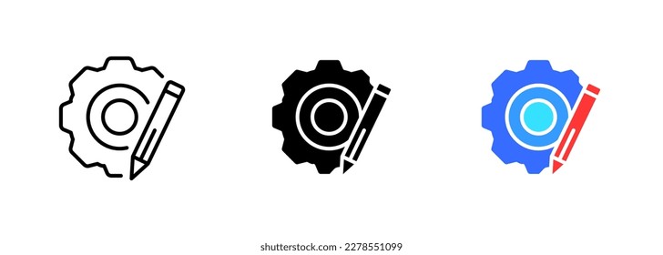 An icon of a gear or cogwheel with a pencil symbol inside it. This icon is often used to represent settings. Vector set of icons in line, black and colorful styles isolated.