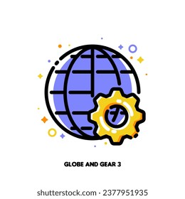 Icono de equipo y globo para el concepto de proceso global o solución internacional. Estilo de contorno relleno plano. Píxel perfecto 64x64. Trazo editable