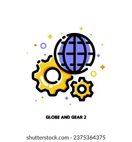 Icon of gear and globe for international technology or global service concept. Flat filled outline style. Pixel perfect 64x64. Editable stroke