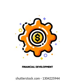 Icon of gear with golden dollar coin for fintech or financial development concept. Flat filled outline style. Pixel perfect 64x64. Editable stroke