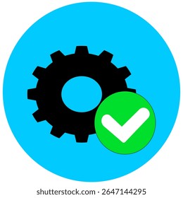 Ícone da engrenagem com marca de seleção verde. Simboliza a conclusão do processo, o sucesso, as configurações ideais, a eficiência e o controle de qualidade. Ideal para projetos de tecnologia, automação e sucesso de projetos.