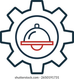 Icon of a gear (representing settings or operations) with a food cloche (serving tray with lid) in the center, symbolizing food service management, restaurant operations, or hospitality automation.