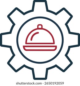 Icon of a gear (representing settings or operations) with a food cloche (serving tray with lid) in the center, symbolizing food service management, restaurant operations, or hospitality automation.