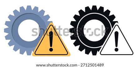 Icon with gear and triangular yellow sign. Exclamation mark. Equipment failure or malfunction. Black silhouette cogwheel. Repair attention badge. Fixing service. Error tag. Vector warning symbols set