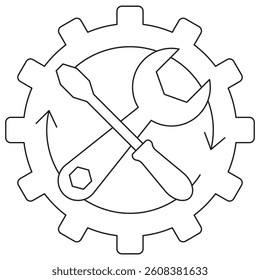 Icon of a gear with a wrench and screwdriver crossed, symbolizing maintenance, repair, and system configuration. Vector pictogram with thin black lines on a transparent. Line thickness is editable