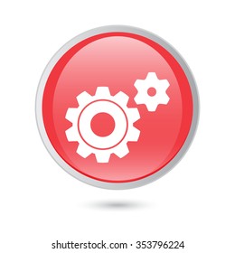 Icon of gears. Flat style. red button.