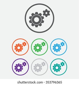 Icon of gears. Flat style.  Round color buttons with frame. 