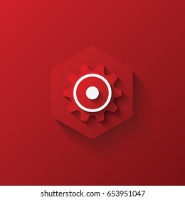 Icon gears on hexagon, red icon and background, long shadow, vector 