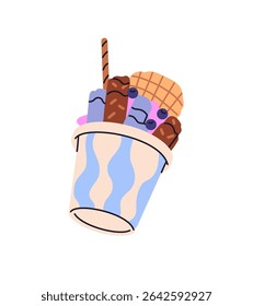 Icon of gelato ice cream balls in cup. Icecream is decorated with waffle, berries. Sorbet, sundae with wafer. Frozen milk dessert, cold summer kids snack. Flat isolated vector illustration on white