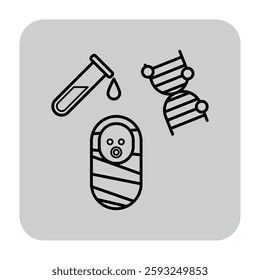 Icon of genetic research and newborn care, including test tube, DNA strand, and swaddled infant. Health and biology concept