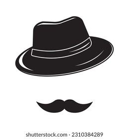 An icon of a gentleman. Hat. Moustache. Vector icon of an unknown man with a mustache, hat, glasses. The badge of an inspector or detective.