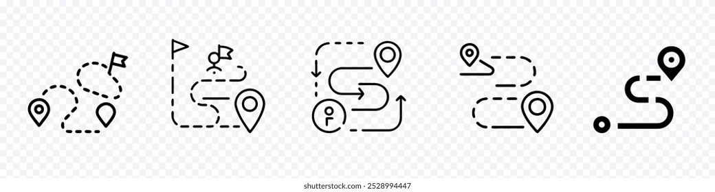 Icon of geolocation pin.Route icon between two points with dotted path and location pin. Location flag sign. Route locations icon Map, one place to another location icon, Location map path distance