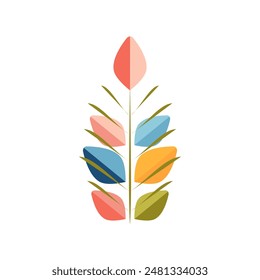 Icon of a geometric branch featuring mirrored colorful leaves and veins, creating a symmetrical pattern on a white background. The design is modern and decorative, with vibrant colors and a trendy