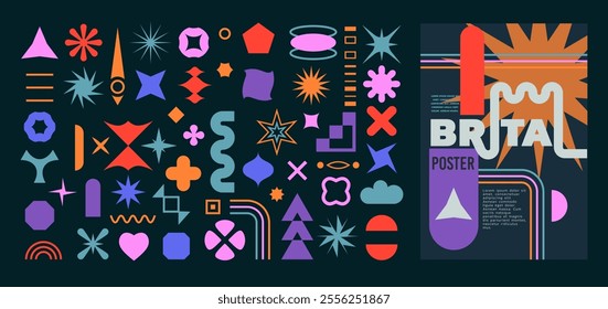 Icon geometric shape. Retro star, circle and square, line colorful modern decorative brutalist elements. Futuristic minimal brutal form. Poster design figure simple. Vector basic abstract symbols