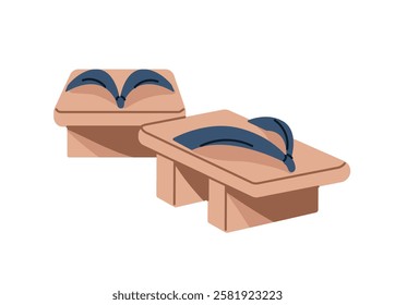 Icon of geta pair. Traditional wooden shoes of Geishas' in Asia. Japanese wood footwear, footgear. Asian clothes, ethnic sandals for women. Flat isolated vector illustration on white background