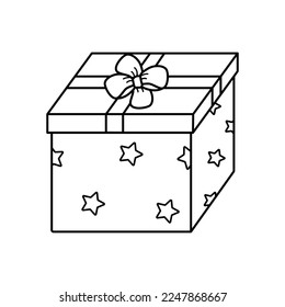 Icono de regalo con arco. Papel de envoltura de elementos de doodle vectorial. caja de regalo para las vacaciones. Aislar en una ilustración de fondo blanco.