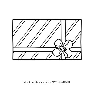 Icono de regalo con arco. Papel de envoltura de elementos de doodle vectorial. caja de regalo para las vacaciones. Aislar en una ilustración de fondo blanco.