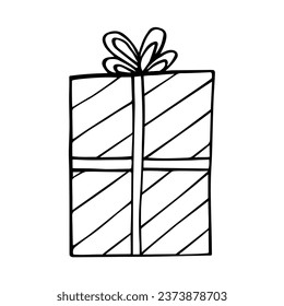 Icono de regalo con arco. Papel de envoltura de elementos de doodle vectorial. caja de regalo para las vacaciones. Aislar en una ilustración de fondo blanco.