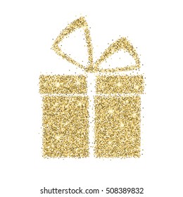 Icon of gift box with gold sparkles and glitter, glow light, bright sequins, sparkle tinsel, shimmer dust. Gift box sign isolated on white background