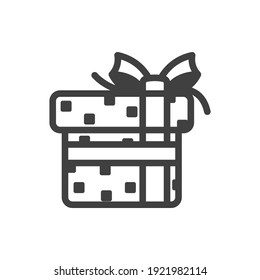 Icon of a gift box tied with a horizontal and vertical ribbon with a bow. A simple image of a closed box. Dark squares texture.. Isolated vector on a pure white background.