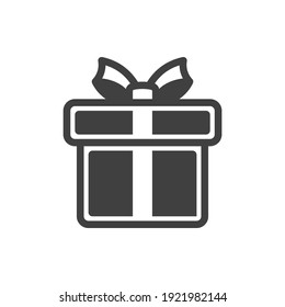 Icon of a gift box tied with a ribbon with a bow. A simple image of a closed box. Dark texture. Isolated vector on a pure white background.