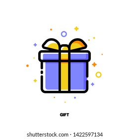 Icon of gift box which symbolizes delightful present or wonderful surprise for money-saving shopping concept. Flat filled outline style. Pixel perfect 64x64. Editable stroke