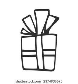 Icon of a gift box wrapped in a ribbon with a bow. A simple image of a closed box. Empty texture. Isolated vector on a pure white background.