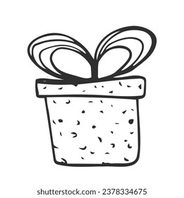 Icon of a gift box wrapped in a ribbon with a bow. A simple image of a closed box. Empty texture. Isolated vector on a pure white background.