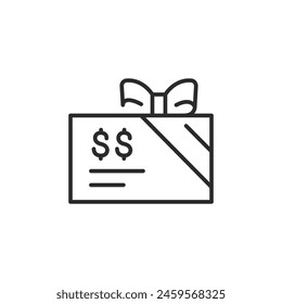 Icon of a gift card with a bow and dollar signs, representing monetary value as a present or promotional offer. Suitable for use in retail, consumer promotions. Vector illustration