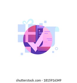 Icon with gift checkmark and sheet of paper