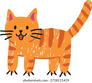 An icon of a ginger tabby cat, a child's drawing with pencil, chalk, or marker. Cute character, pet. Suitable for stickers or decorations. Zoology, fauna. Vector flat illustration. Cartoon style.